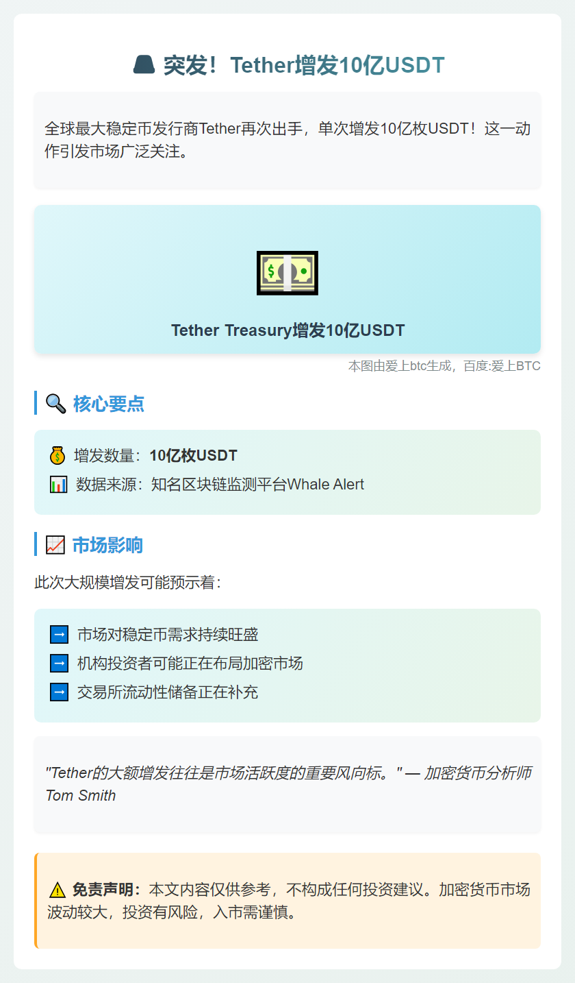 Tether增发10亿USDT