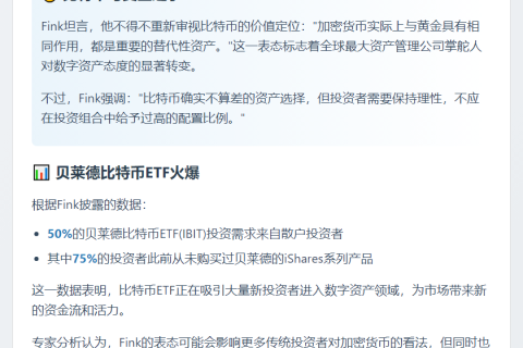 贝莱德CEO：比特币投资宜适度