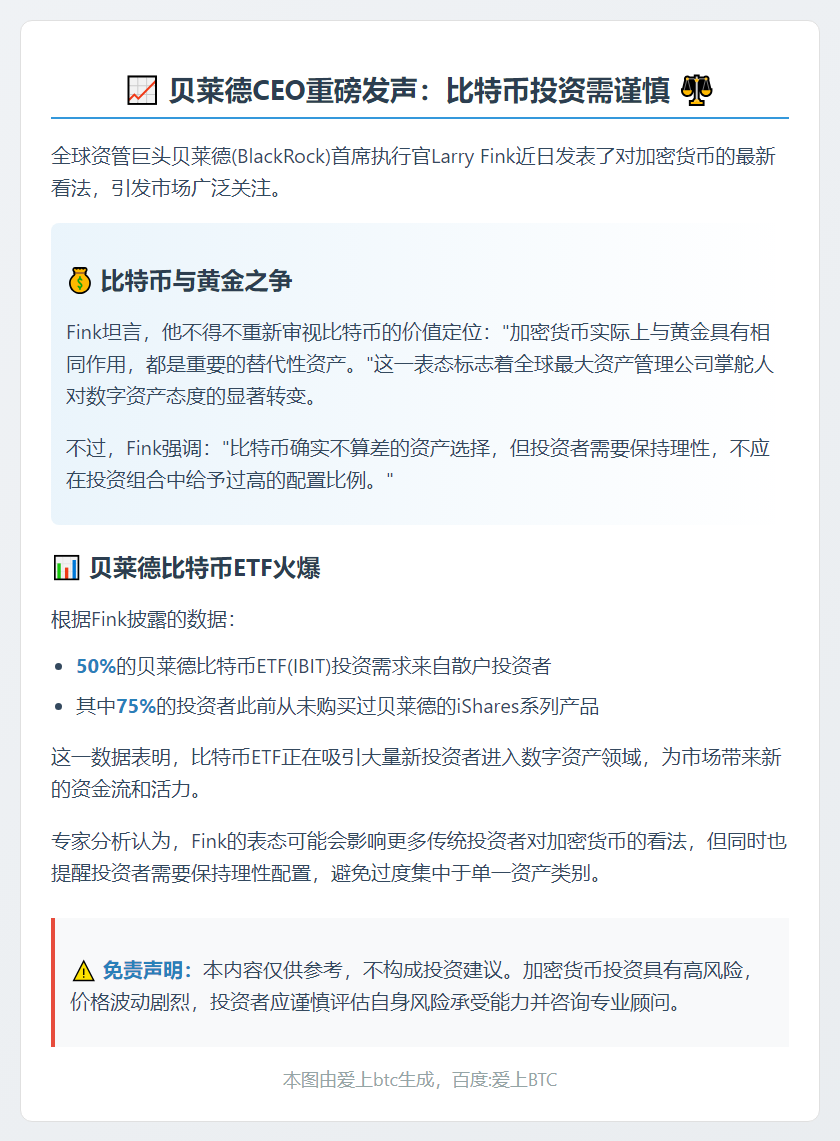 贝莱德CEO：比特币投资宜适度