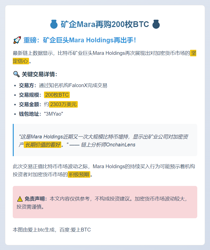 矿企Mara再购200枚BTC