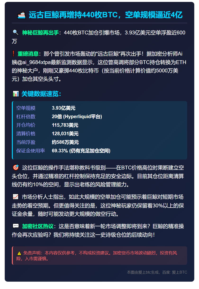 远古巨鲸再增持440枚BTC，空单规模逼近4亿