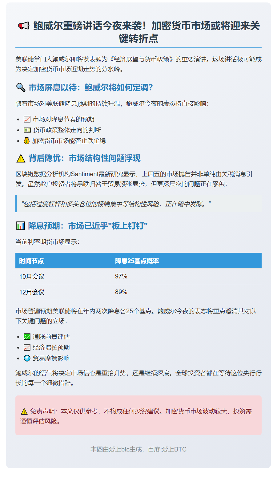 鲍威尔今夜讲话或影响降息预期