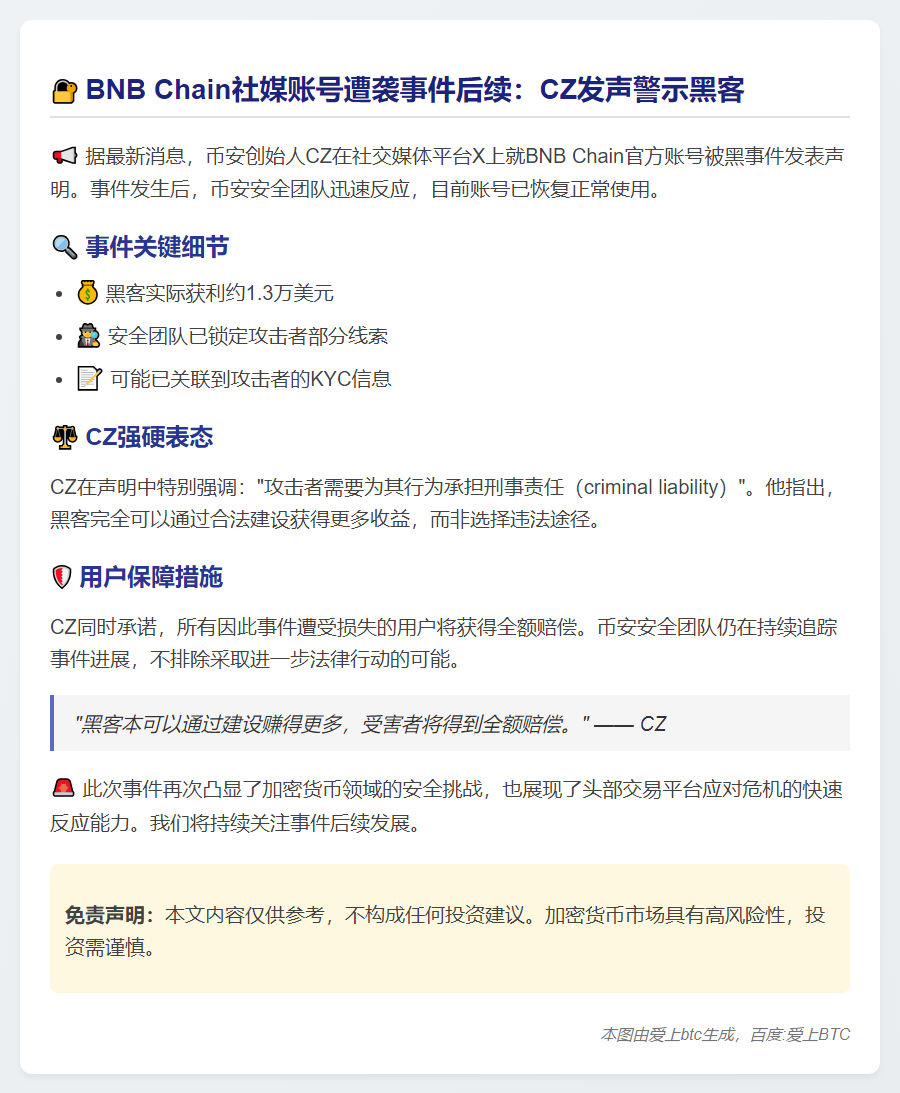 CZ：BNB Chain攻击者仅获利1.3万，仍将追责