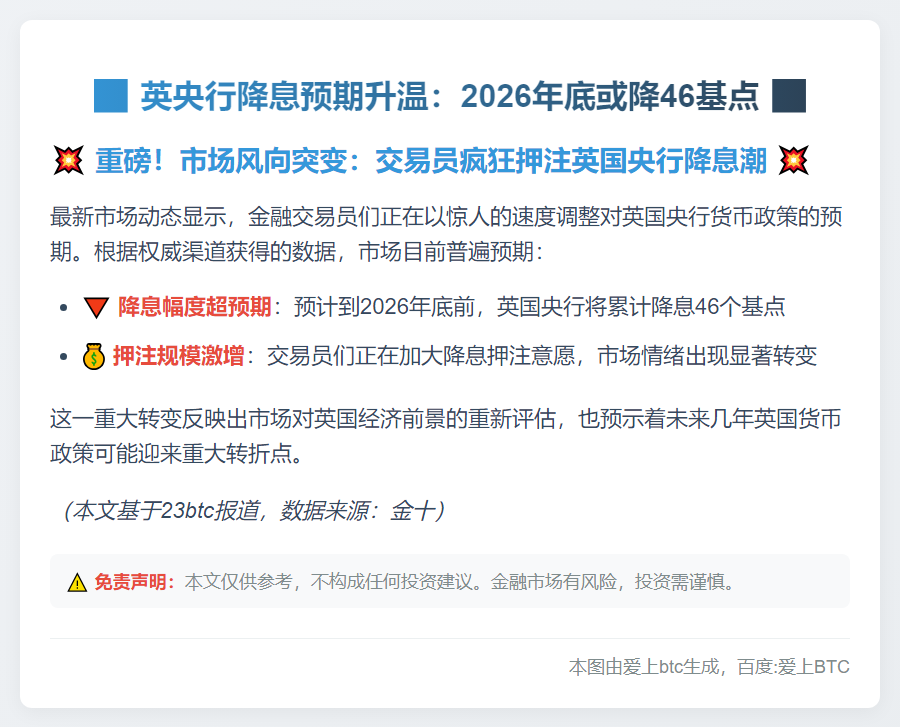 英央行降息预期升温：2026年底或降46基点