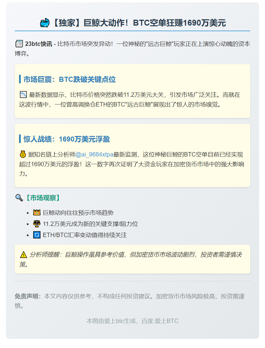 BTC巨鲸空单浮盈超1690万美元