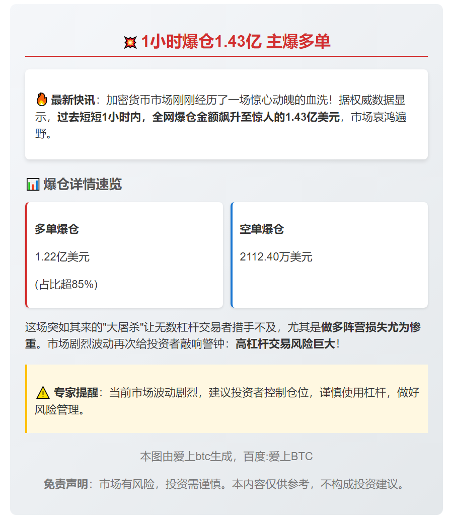 1小时爆仓1.43亿 主爆多单