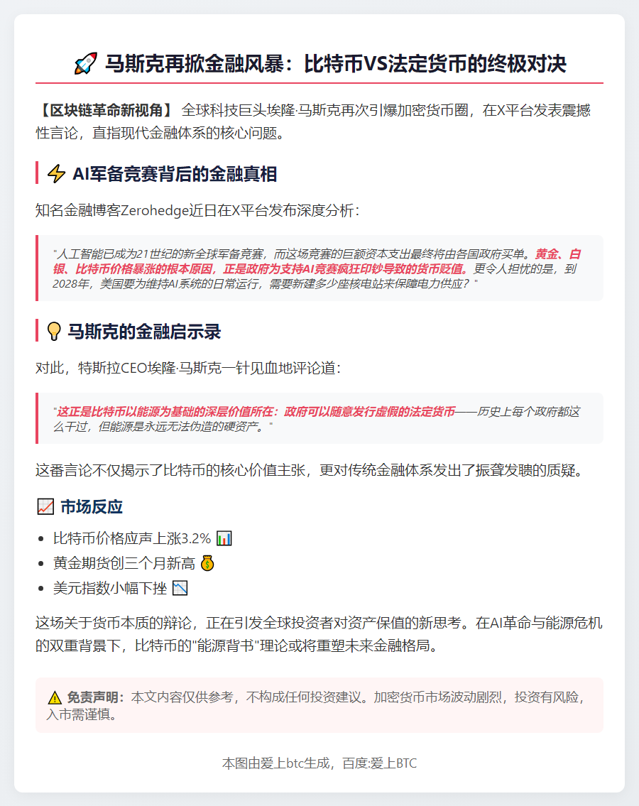 马斯克：比特币靠能源支撑 政府可发假币