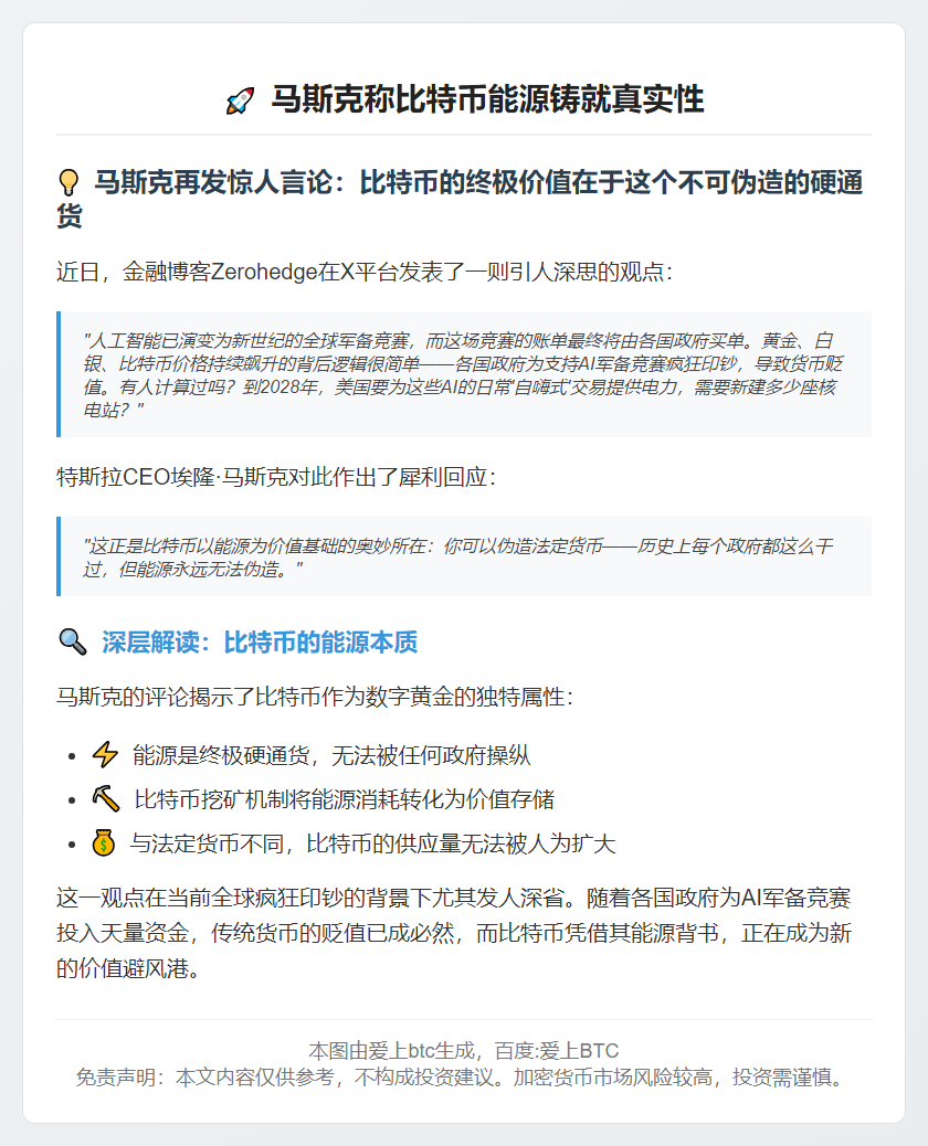 马斯克称比特币能源铸就真实性
