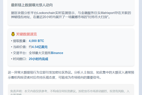Matrixport钱包20小时提币4000枚BTC
