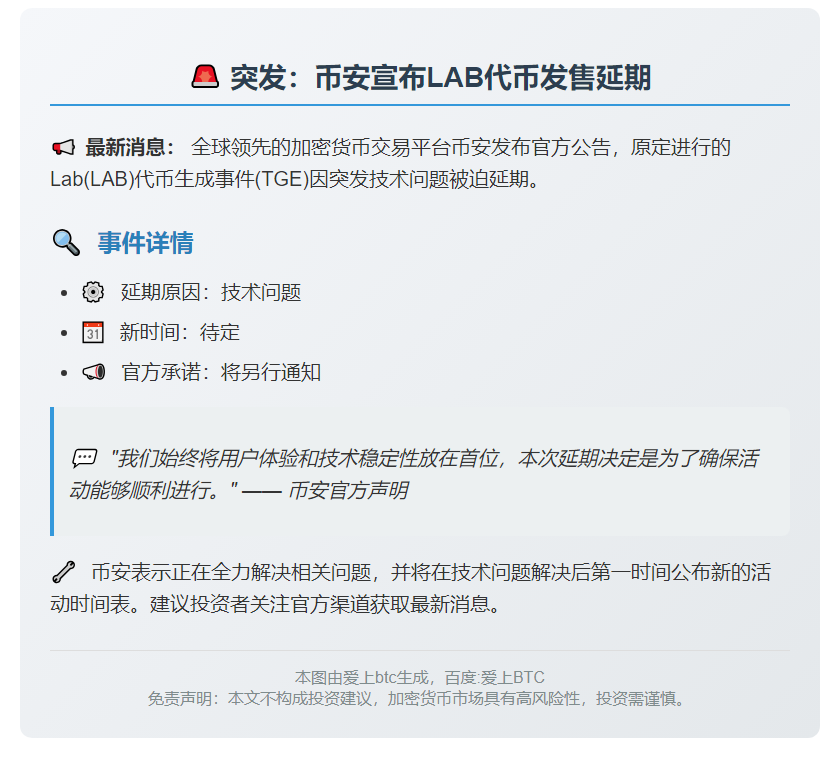 币安：LAB TGE因技术问题延期