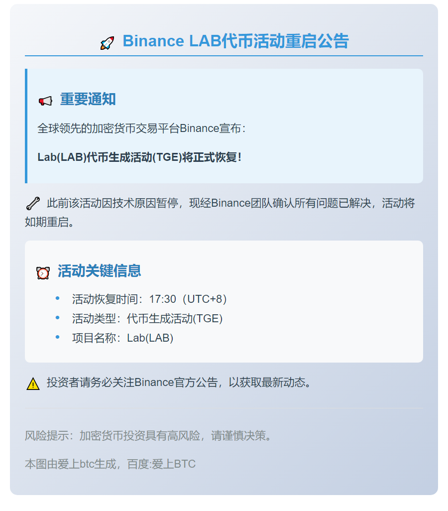 Binance：Lab(LAB)活动今日17:30重启