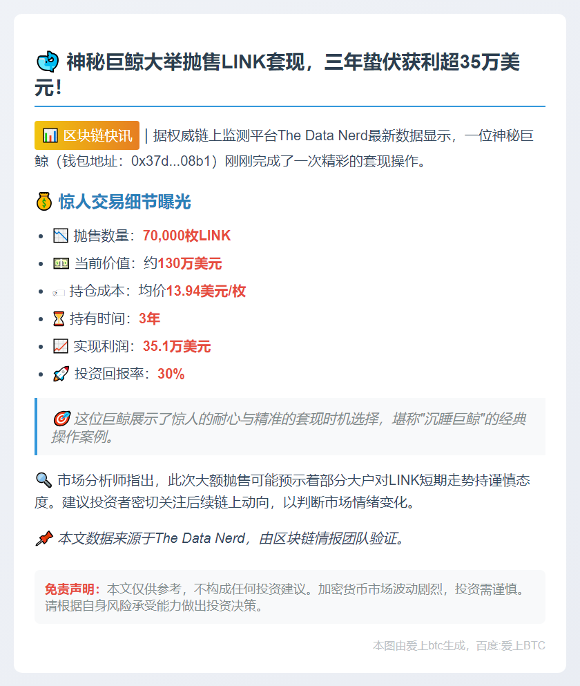 巨鲸抛售7万LINK，狂赚35万美元