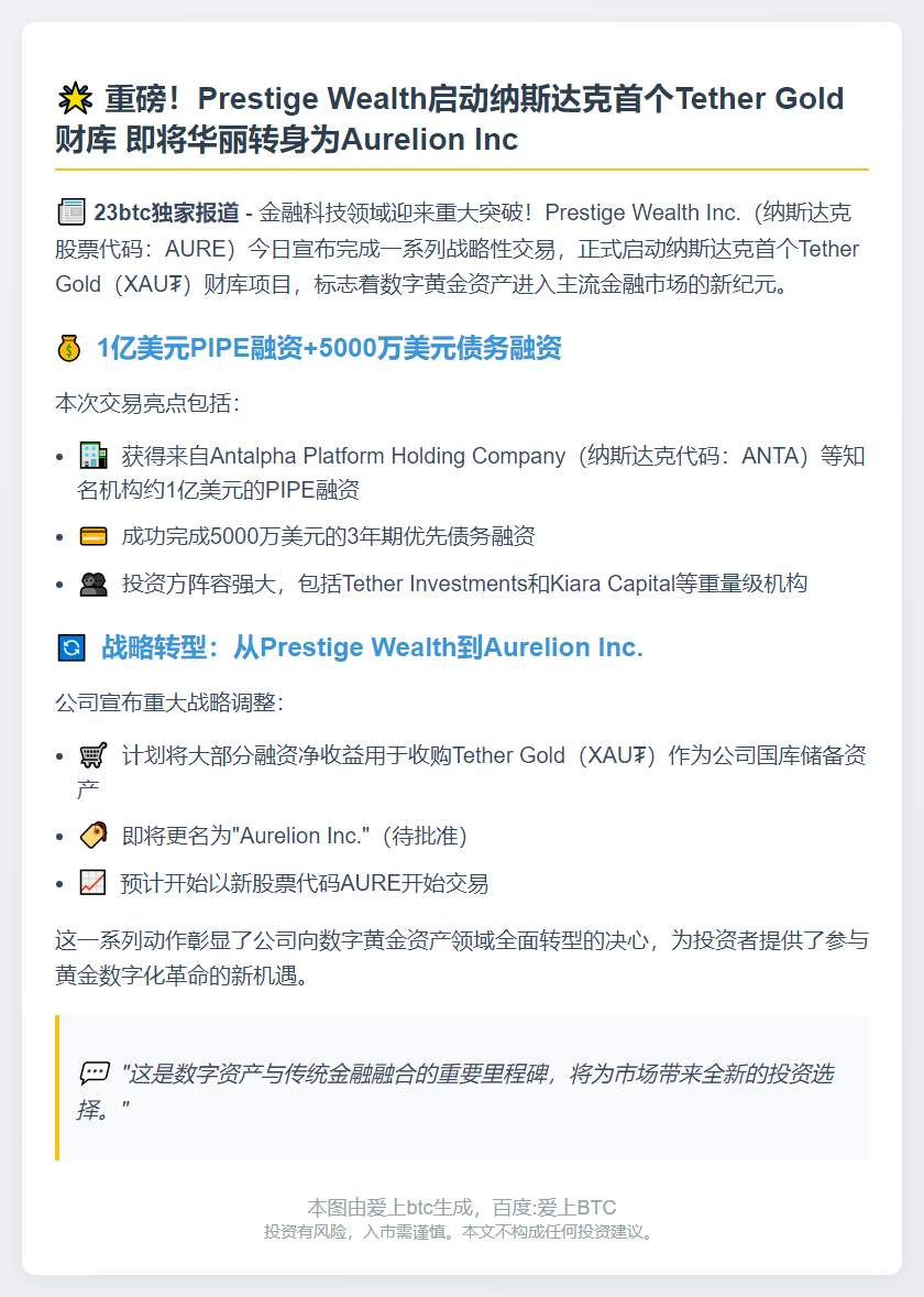 Prestige Wealth更名Aurelion Inc并启用Tether Gold财库