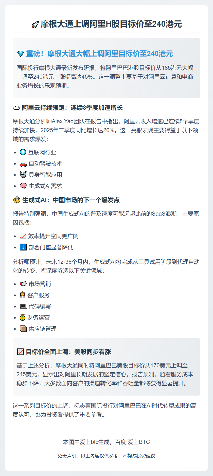 摩根大通上调阿里H股目标价至240港元