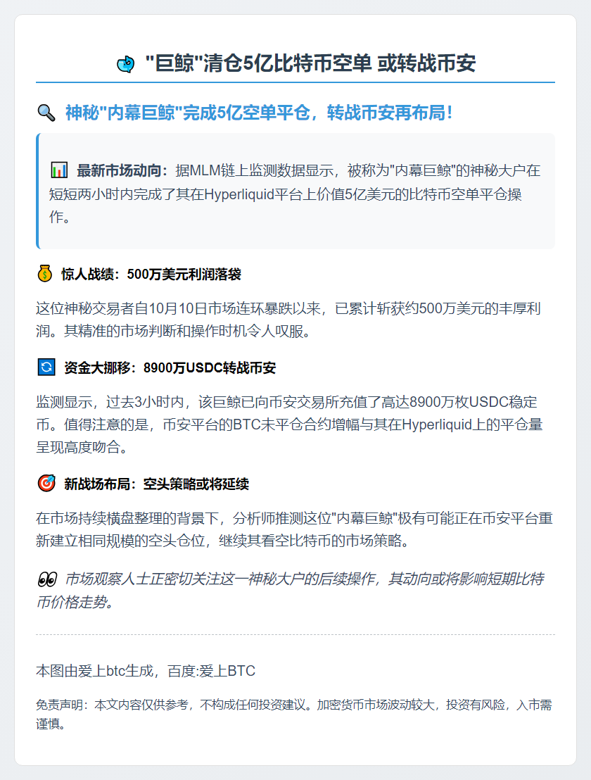 "巨鲸"清仓5亿比特币空单 或转战币安