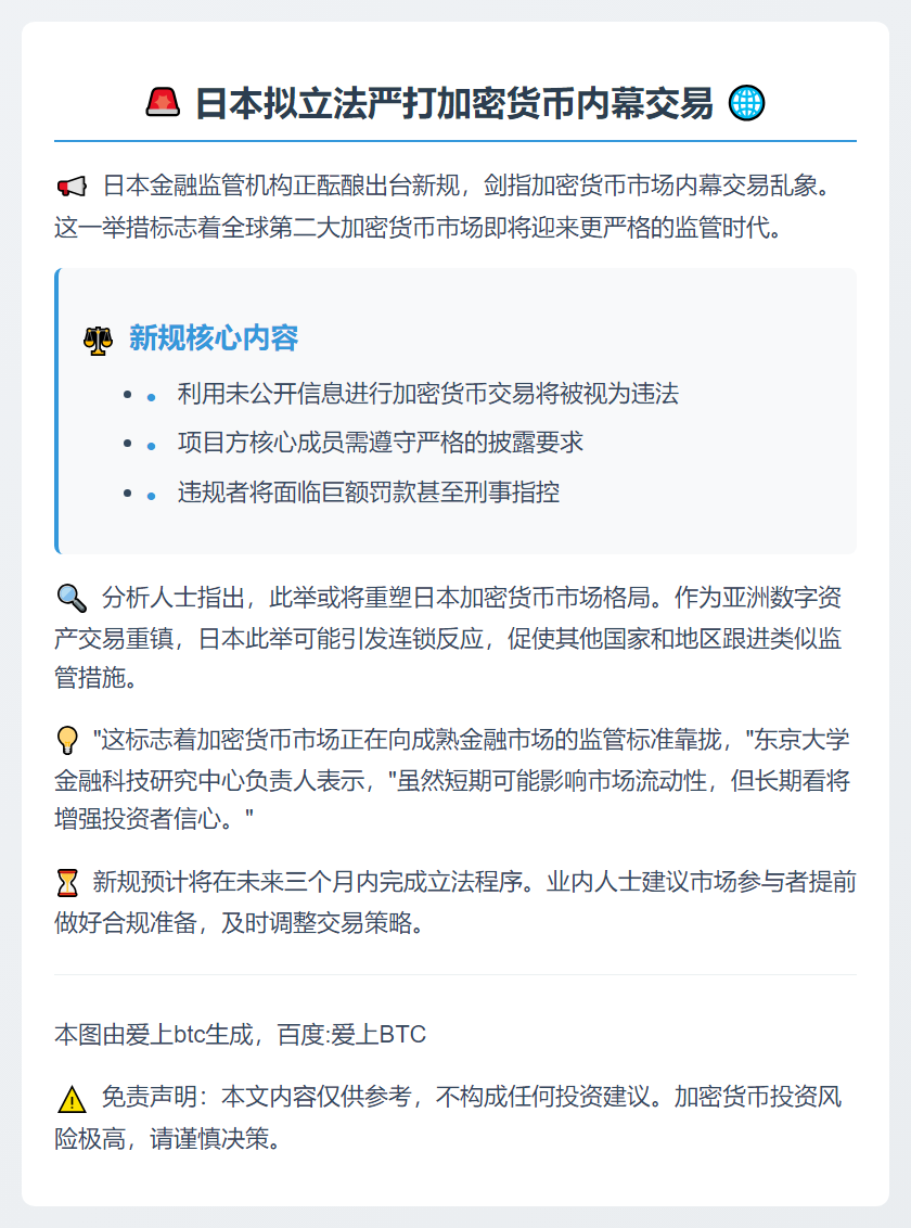 日本拟禁加密货币内幕交易