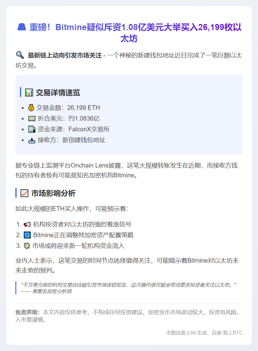 Bitmine新钱包获1.08亿美元ETH