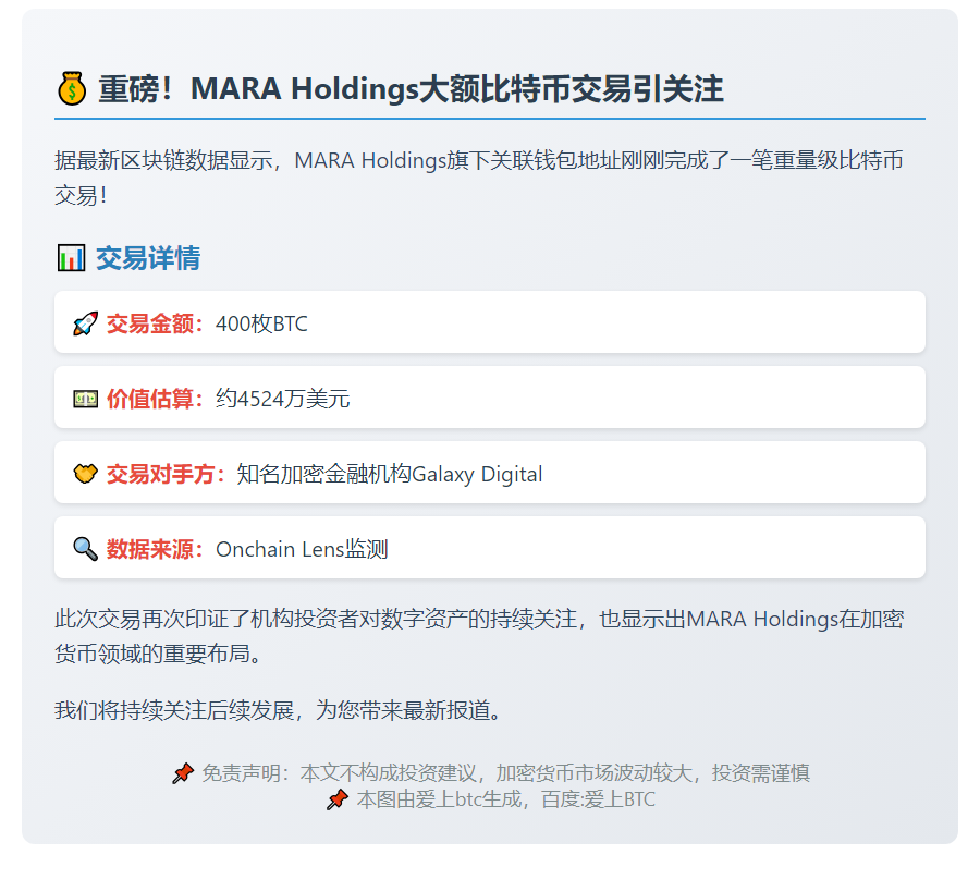 MARA获GalaxyDigital 400枚BTC