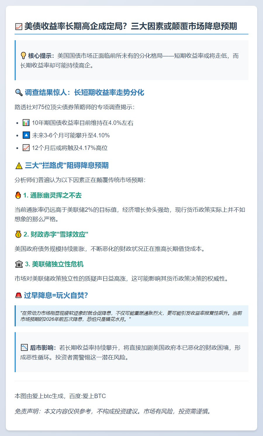 美债收益率料居高不下，通胀与债务压力削弱降息预期