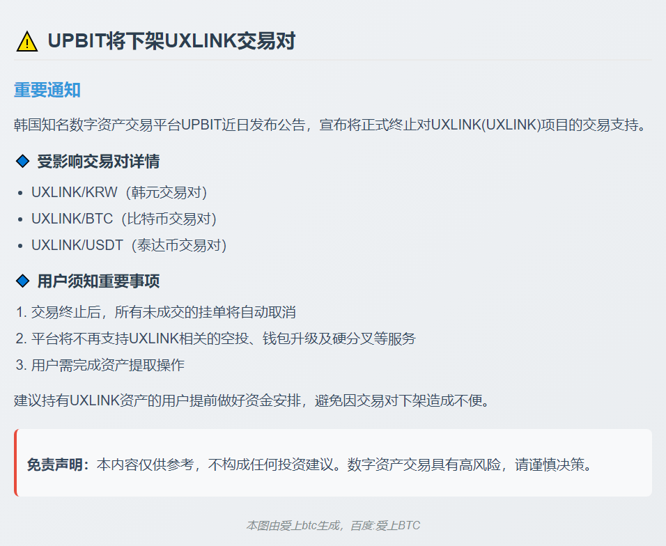 UPBIT将下架UXLINK交易对