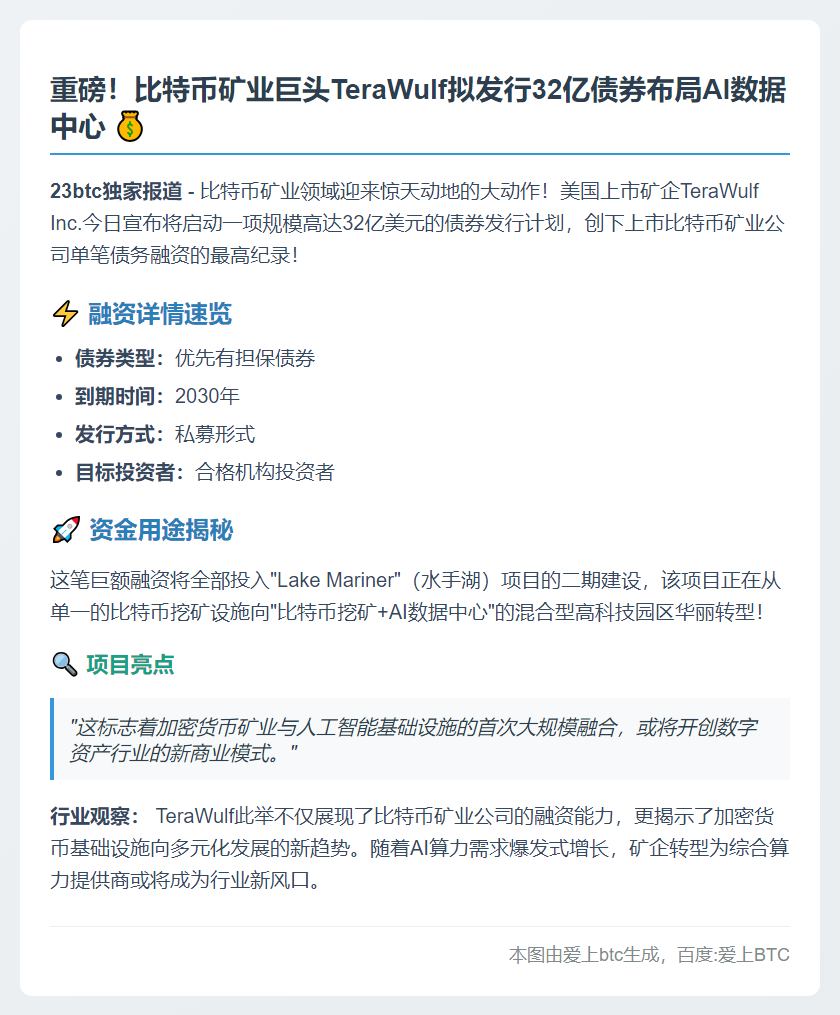 比特币矿企TeraWulf拟发债32亿扩AI数据中心