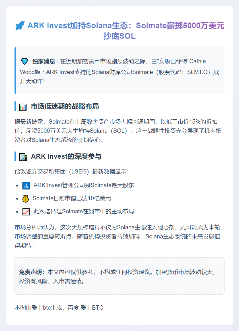 Ark Invest支持的Solmate增持5000万美元SOL
