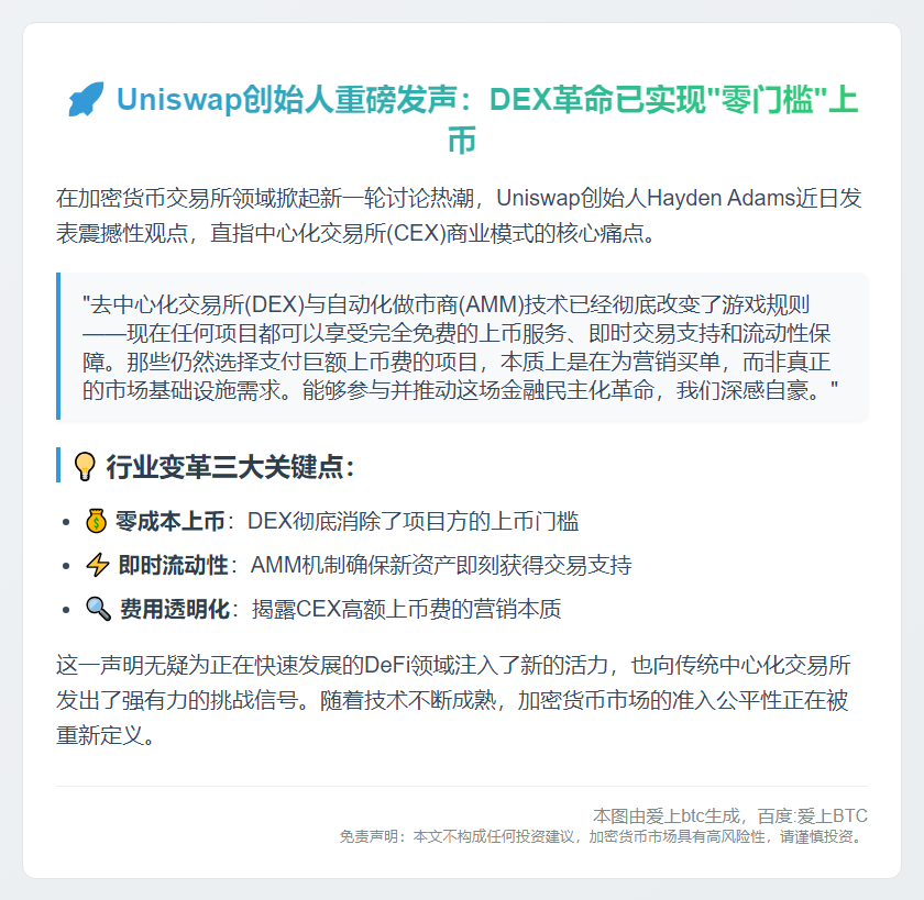Uniswap创始人：CEX高额上币费只是营销