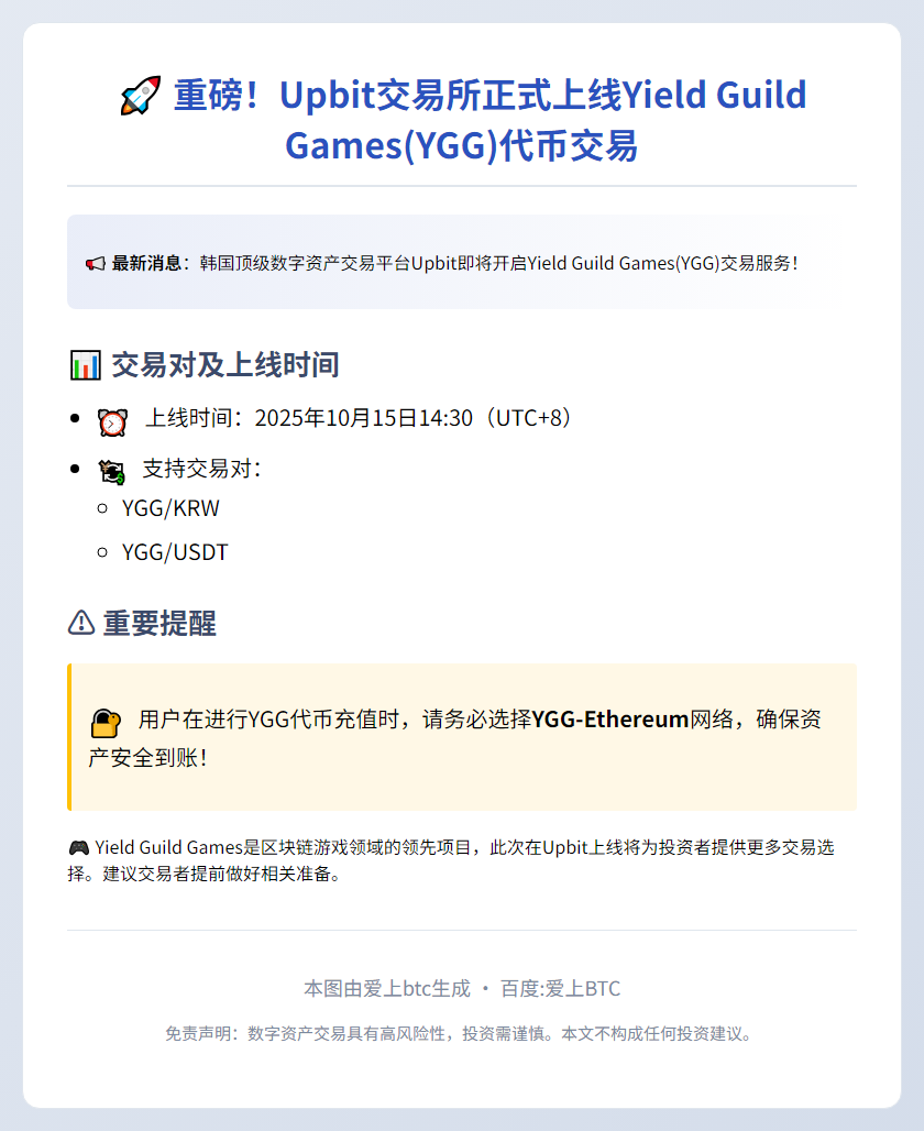 Upbit新增YGG交易对