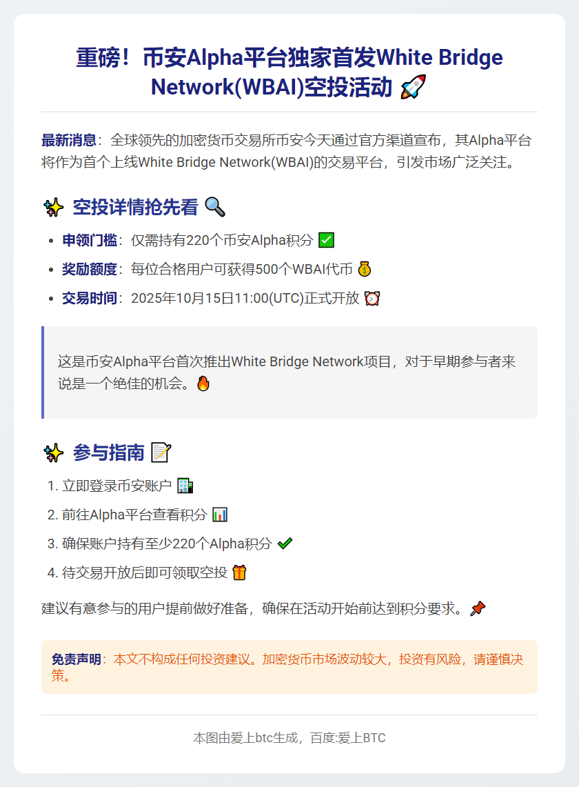 币安：WBAI空投需220Alpha积分