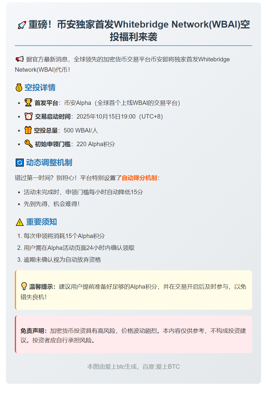 币安：WBAI空投需220Alpha积分