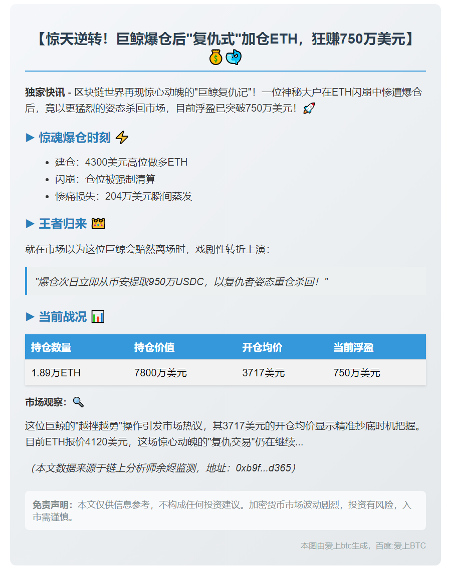 巨鲸爆仓后重仓ETH 浮盈750万