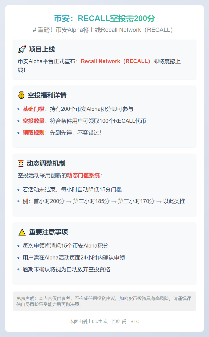币安：RECALL空投需200分