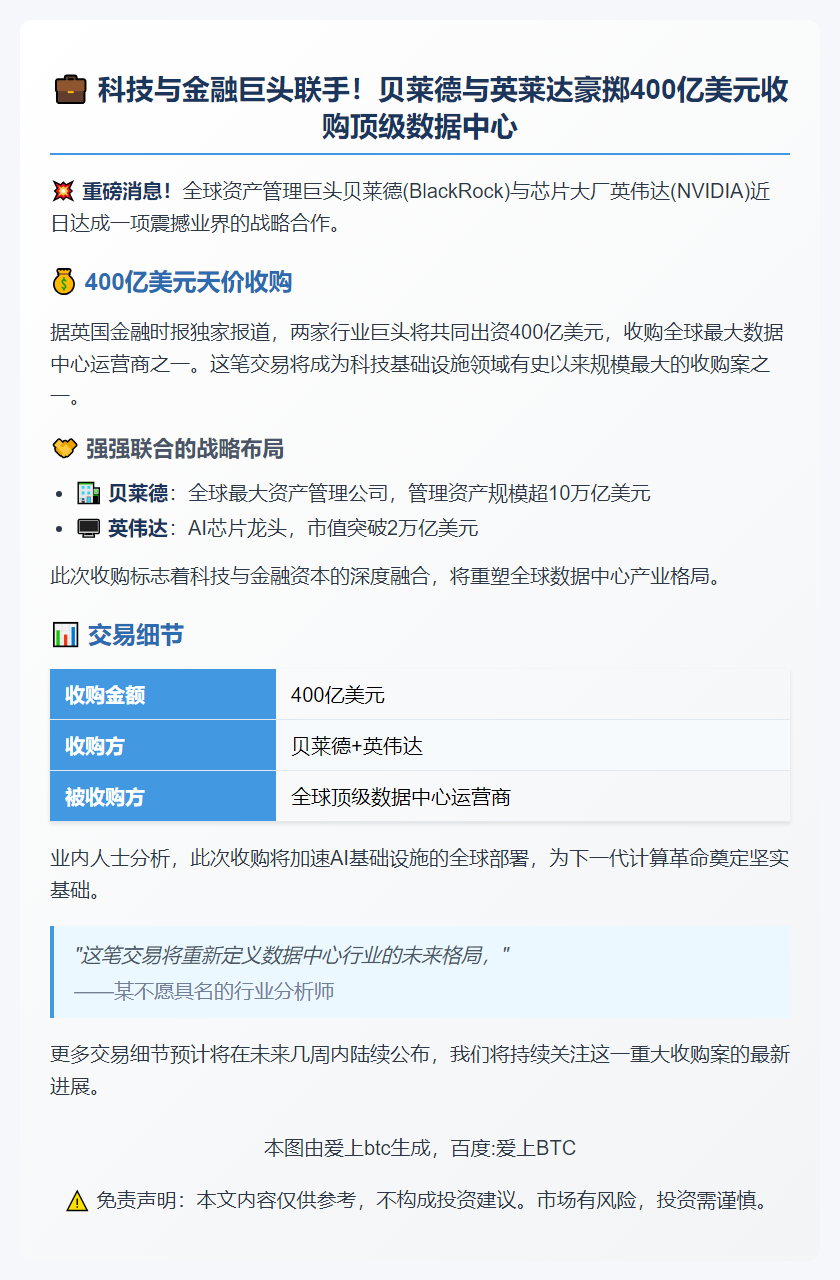 贝莱德英伟达400亿收购数据中心