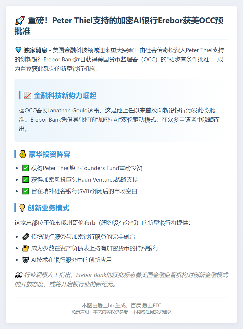 美OCC预批Thiel支持的加密AI银行Erebor