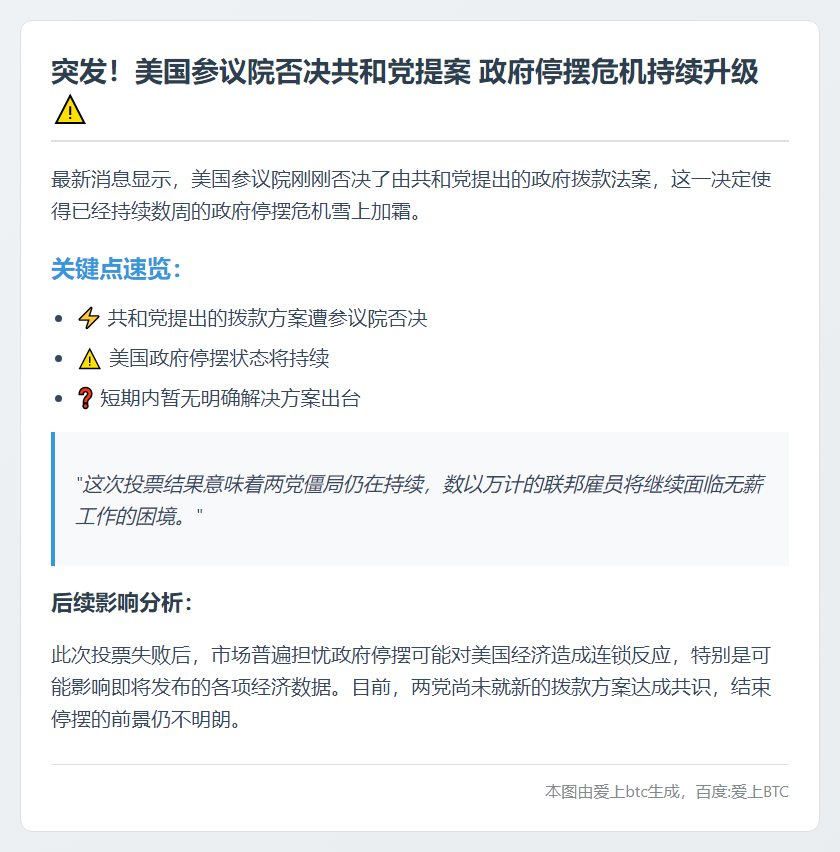 美参院否决拨款案 停摆前景不明