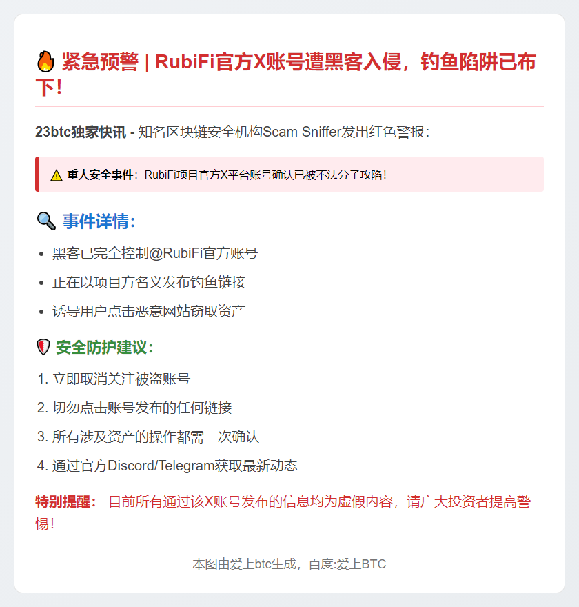 警惕：RubiFi官方X账号被盗