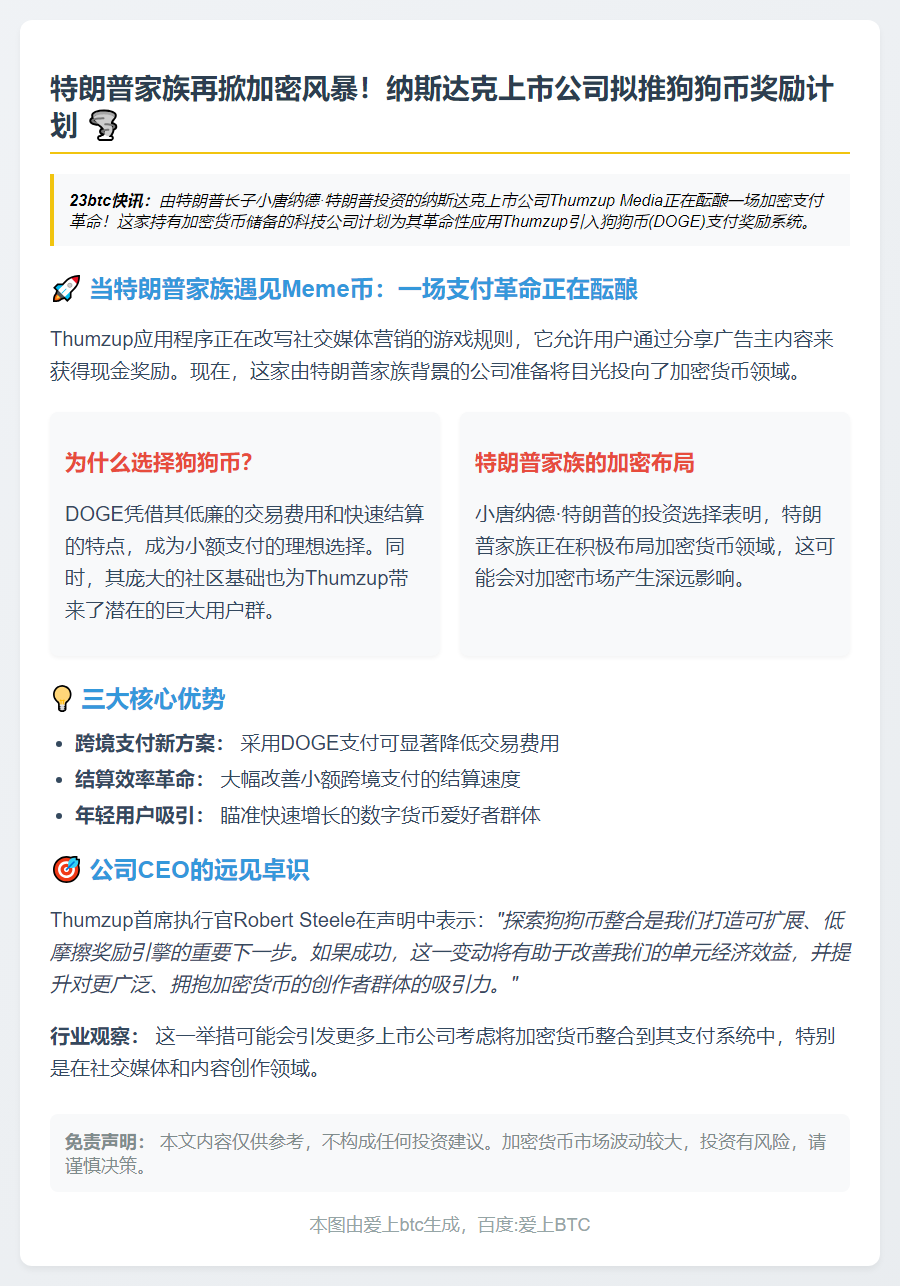 特朗普长子公司或支持狗狗币支付