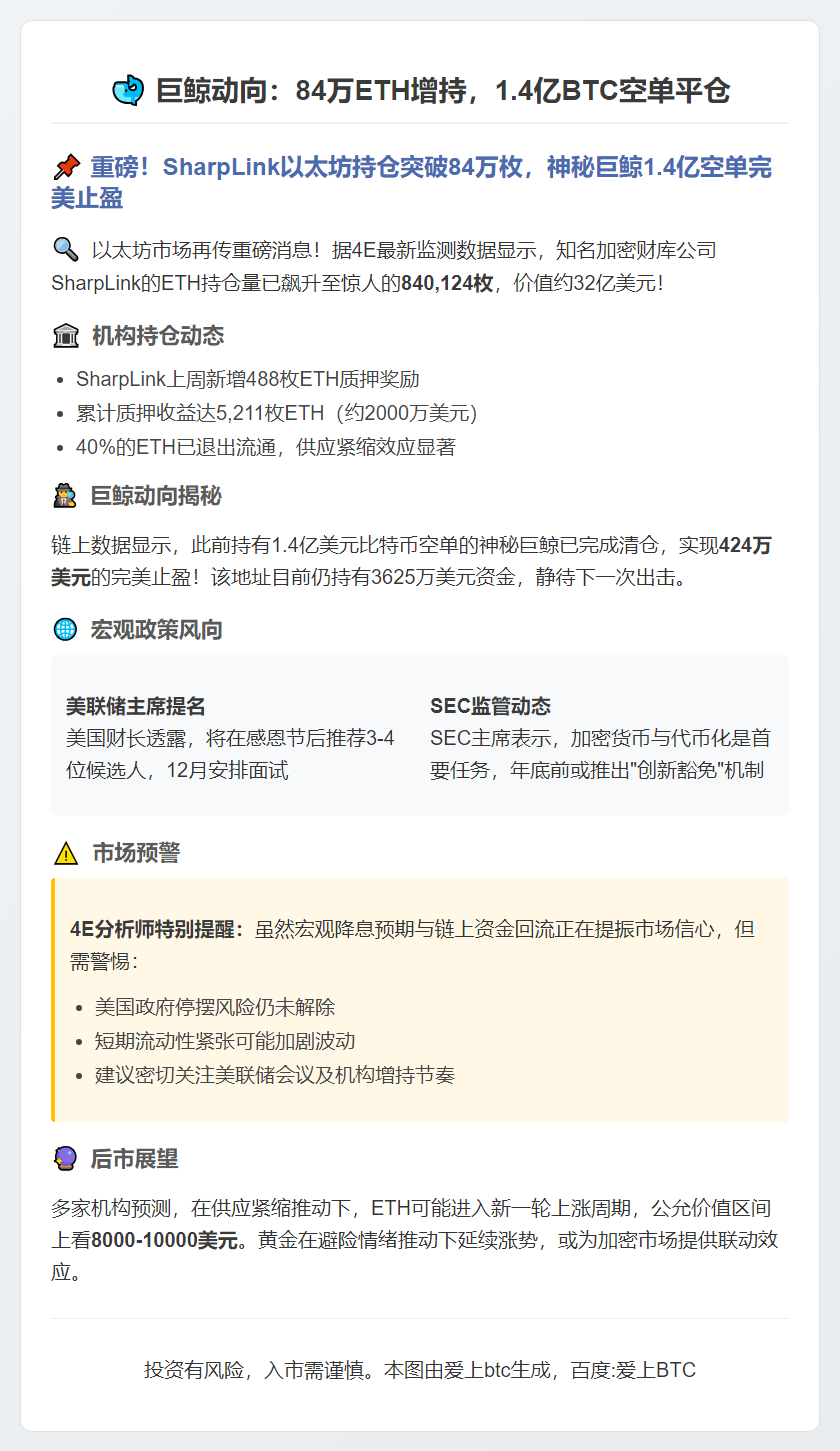 巨鲸动向：84万ETH增持，1.4亿BTC空单平仓