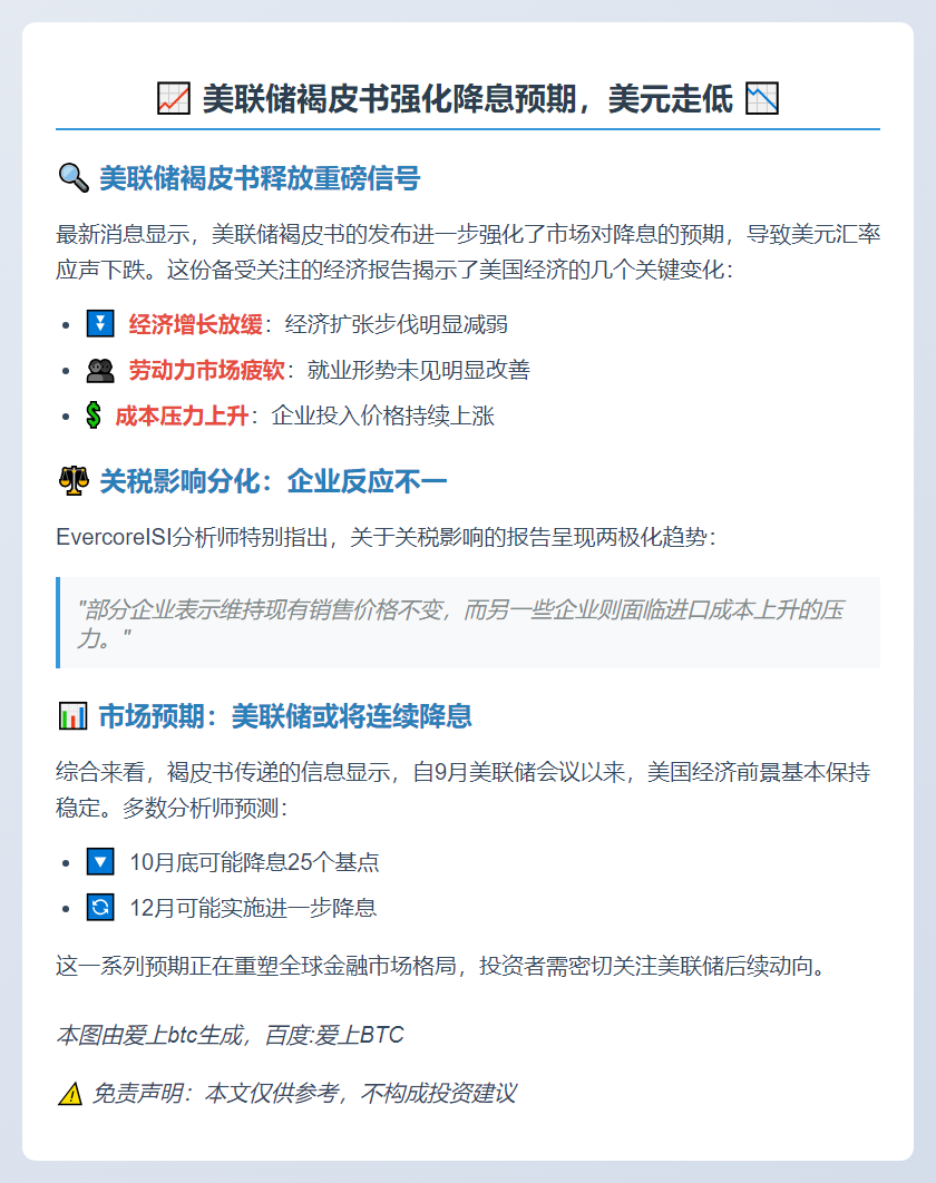 美联储褐皮书强化降息预期，美元走低