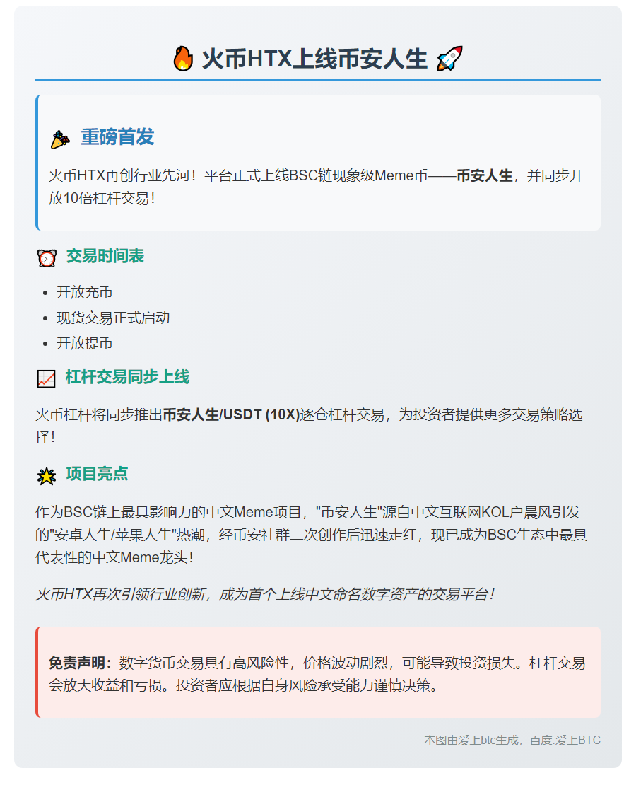 火币HTX今日上线币安人生，新增10X杠杆交易