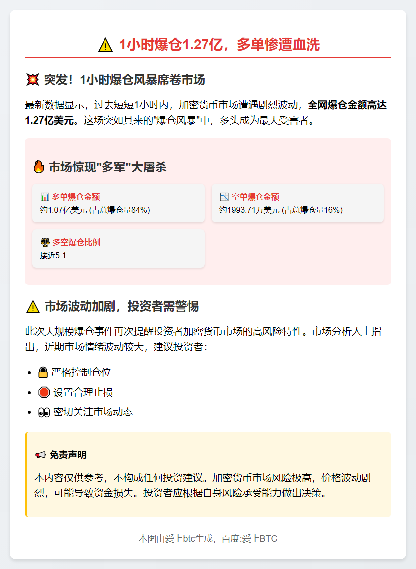 1小时爆仓1.27亿，多单惨遭血洗