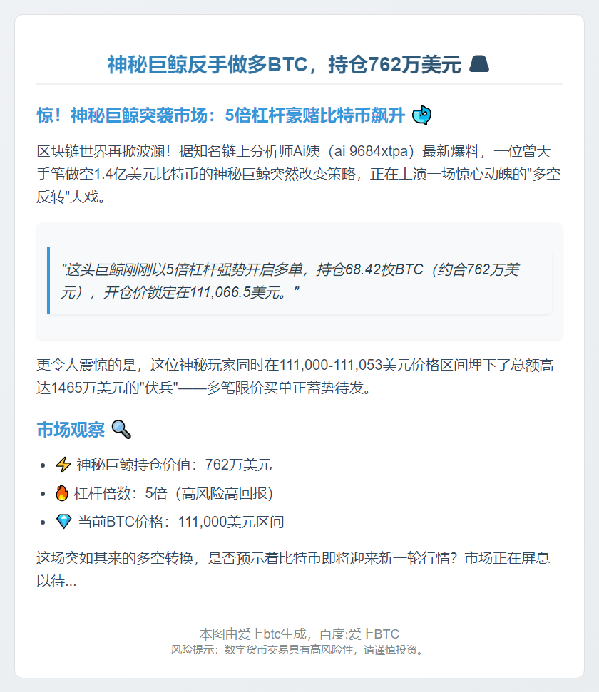 神秘巨鲸反手做多BTC，持仓762万美元