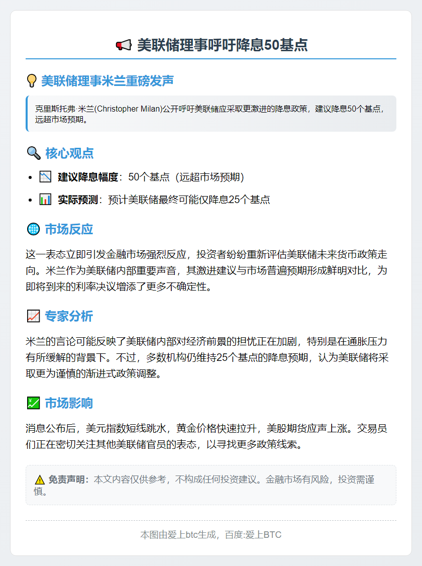 美联储理事呼吁降息50基点