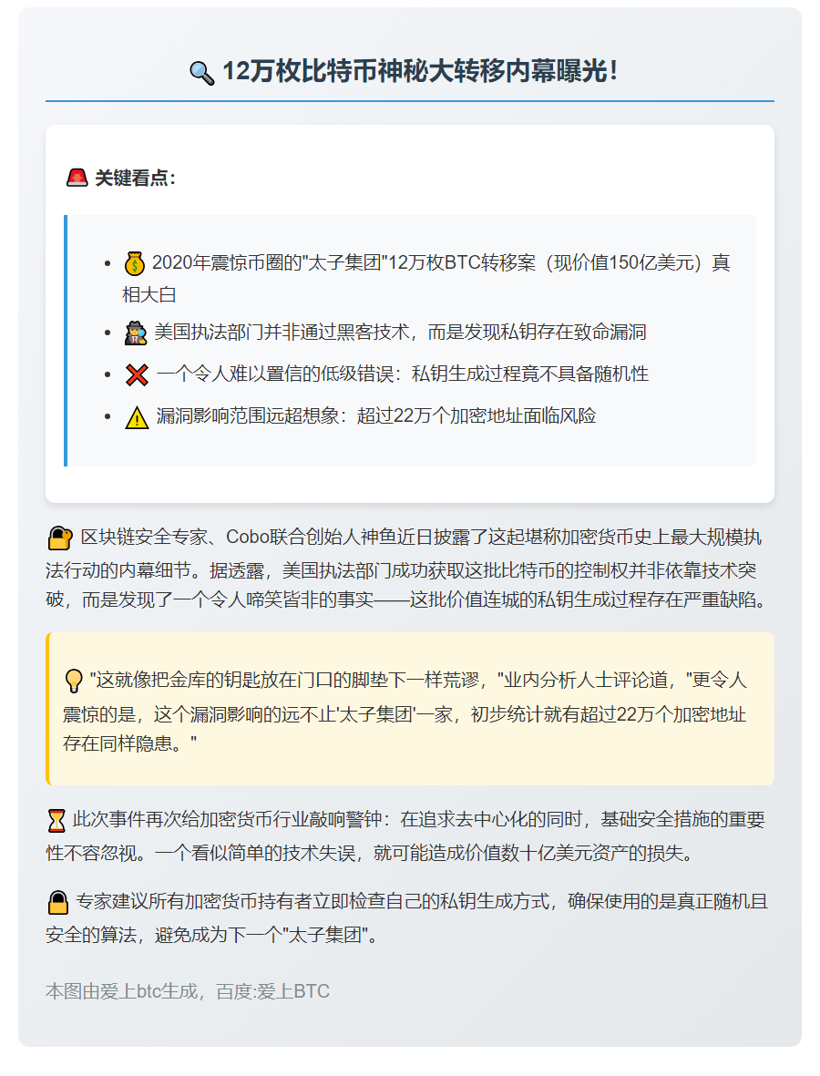 12万枚比特币转移：美执法部门获私钥，22万地址受影响