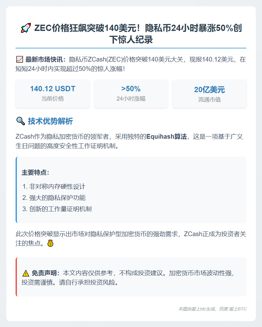 ZEC飙破140 USDT，日涨50%