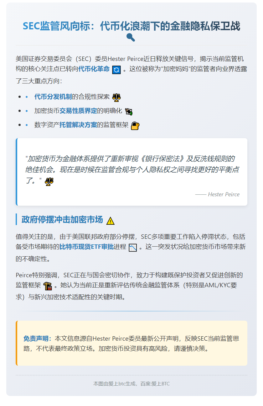 SEC委员呼吁代币化与金融隐私