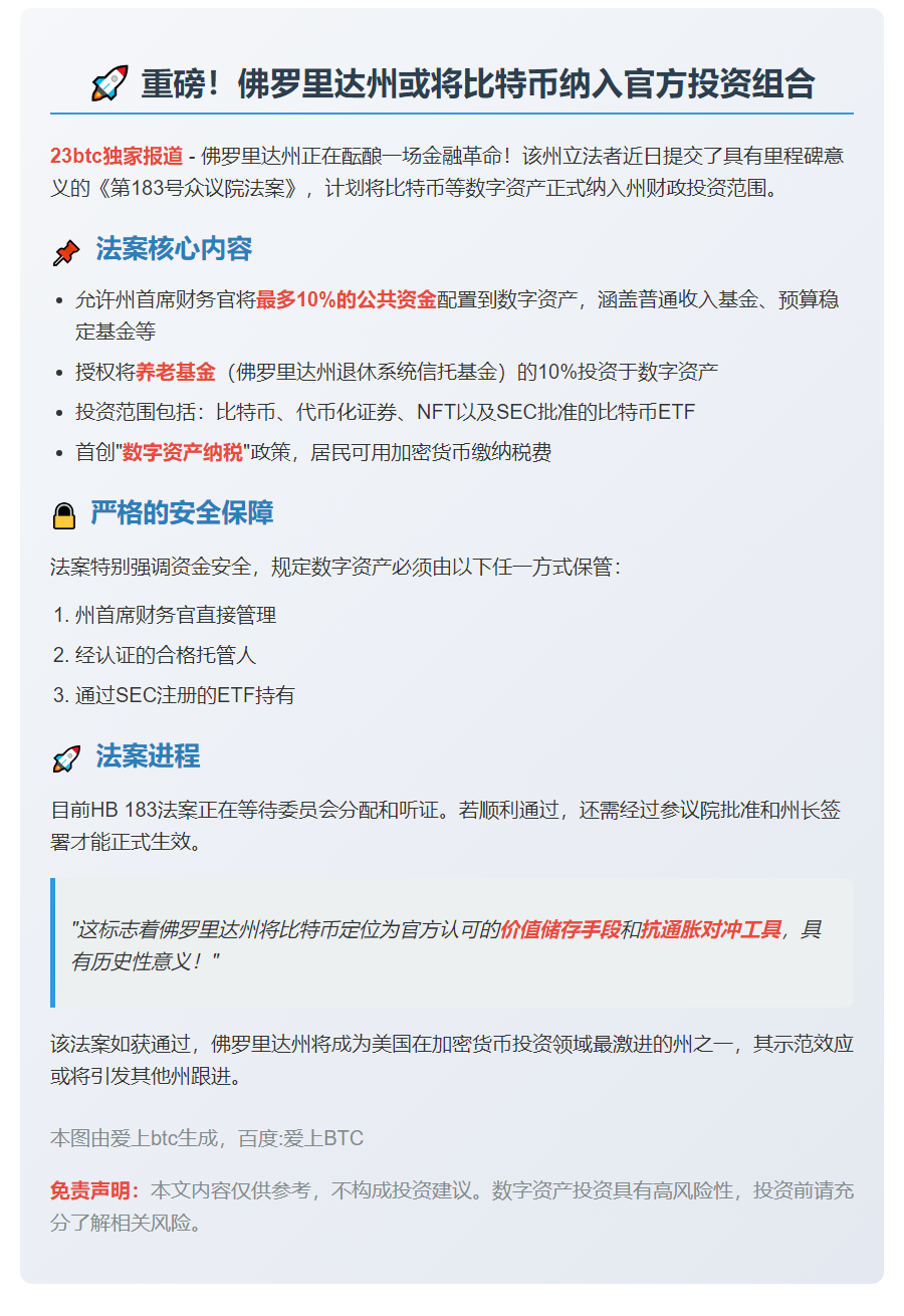 佛州拟将比特币和ETF纳入养老金投资