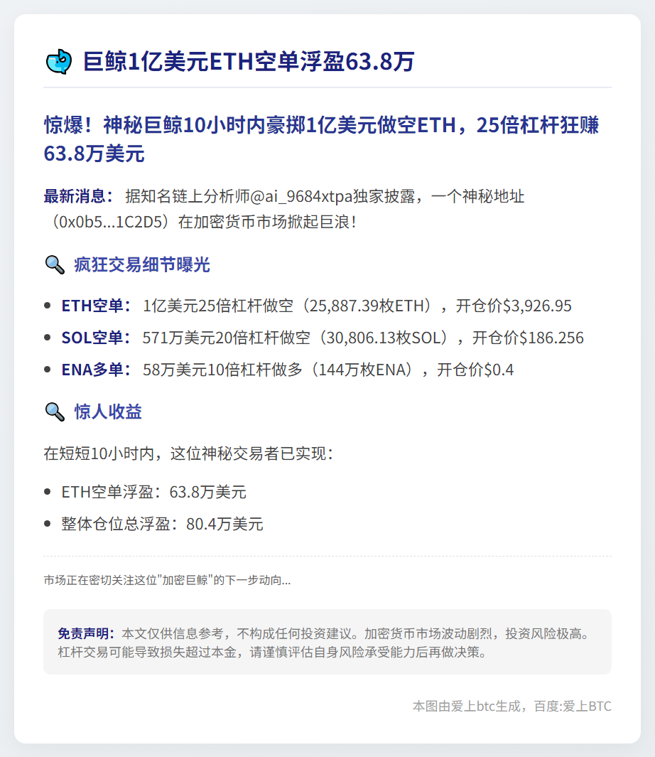 巨鲸1亿美元ETH空单浮盈63.8万