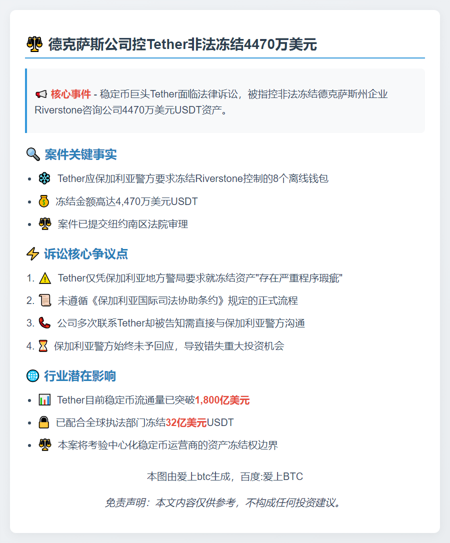 德州公司控Tether非法冻结4470万美元
