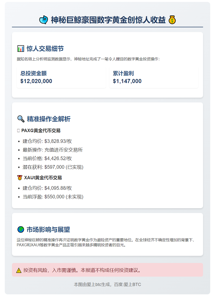 鲸鱼三周囤1202万数字黄金 盈利114.7万